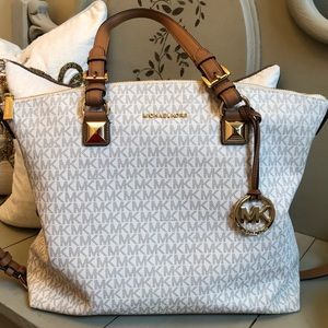 Michael Kors White & Brown Logo Tote with Gold Hardware